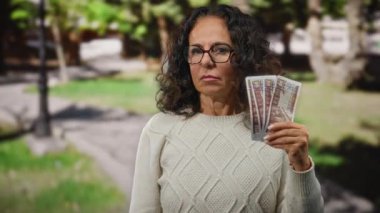 Dışarıda gözlük takan bir kadın kulağını kapatırken Mısır banknotlarını tutuyor ve şehir sokaklarında gündüz vakti bulanık park geçmişiyle bağırıyor..