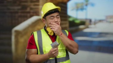 İnşaat yeleği ve miğferi olan Asyalı bir adam şehrin bir sokağında elinde parayla durup güneşli bir günde düşünceli duygularını ifade ediyor..