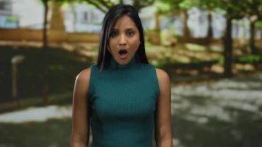 İspanyol kadın açık havada sürpriz yaptı. Yeşil kazak parkı ağaçları güneş ışığı öğleden sonra ifade havası.