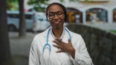 Sokakta steteskoplu gözlüklü, göğsünde gözlüklerle gülümseyen şehir manzaralı bir kadın..