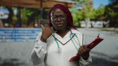 Afrika kökenli Amerikalı bir kadın parkta gözlüklü ve steteskop takmış elinde bir pano, jestlerle ilgili endişelerini dile getiriyor..
