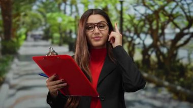 Parktaki İspanyol kadın elinde kalemle düşünceli bir şekilde kırmızı bir pano tutuyor açık hava ortamında yemyeşil bir yeşillikle çevrili iş ve doğayı harmanlıyor..