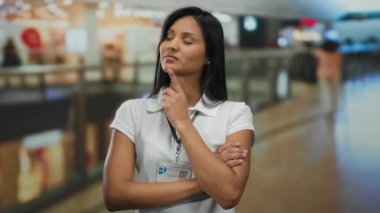 Meşgul bir alışveriş merkezinde tefekkür eden, beyaz polo giyen düşünceli bir yüz ifadesi olan bir kadın, kapalı bir alışveriş sahnesini yakalıyor ve düşünceli bir yansıma yapıyor..
