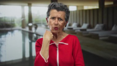 Kırmızı tişörtlü, gri saçlı yaşlı bir kadın spa 'da kapalı bir havuzun yanında şaşkın bir şekilde beliriyor. Lüks bir ortamda belirsizlik ya da merak hissi uyandırıyor..