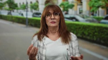 İşlek bir caddede, yeşil ağaçlar ve bulanık arabalarla, gözlüklü ve desenli ceket giyen Latin kökenli son sınıf öğrencisi bir kadın..