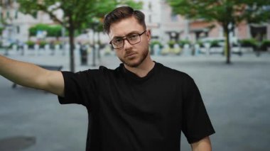 Şehir arka planında gözlük takan sakallı genç bir adam siyah gömlekli birinin şehir ortamını işaret eden açık hava ortamını terk ettiğini söylüyor..