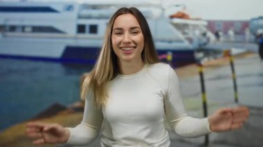 Arka planda teknesi olan bir kadın limanda gülümsüyor, açık deniz manzarası sergiliyor..