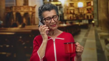 Elinde kahve fincanı tutan yaşlı bir kadın kilise ortamında telefonla konuşurken, kırmızı kıyafet giyiyor, samimiyet ve iletişim kuruyor..