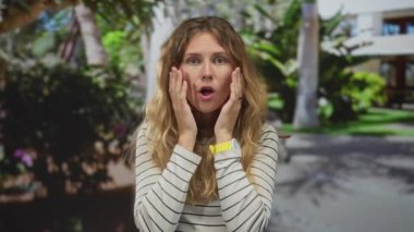 Sarışın bir genç el ele tutuşurken, kadın açık havada şok geçirerek çarpıcı bir an yaşarken geniş gözler şaşırmış ifadeyi ortaya çıkarıyor..