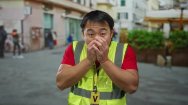 Şehir caddesinde duran yüksek görüşlü yelekli adam insanların ve binaların geçmişi bulanık, ağzı kapalıyken şaşırmış ya da şok olmuş görünüyor..