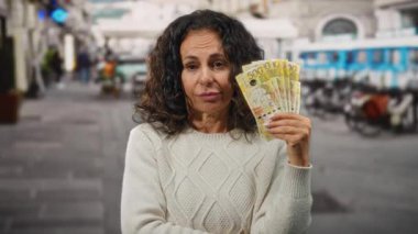 Filipinli bir kadın açık havada bisiklet parkının yanında para tutuyor, süveter giyiyor ve hareketli bir şehir ortamında düşünceli bir şekilde ayakta duruyor..