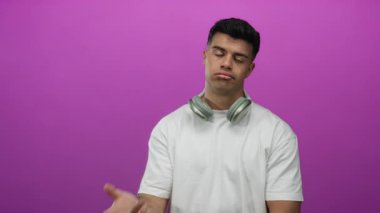 Kulaklıklı genç İspanyol bir adam pembe arka planda silah hareketi yapıyor, beyaz bir gömlek giyiyor ve etkileyici bir yüz ifadesi sergiliyor..