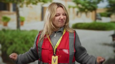 Genç sarışın bir kadın parkta gönüllü olarak çalışıyor. Kırmızı bir yelek giyiyor. Arka planda çevresiyle neşe ifade ediyor..