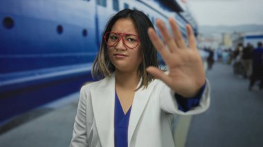 Beyaz ceketli genç Çinli bir kadın arka planda büyük bir tekneyle sahil limanında duraklama hareketi yapıyor. Seyahat ve denizcilik aktivitelerini çağrıştırıyor..