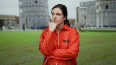 Turuncu hapishane tulumlu kadın, Pisa 'nın ikonik eğik kulesinin önünde durup esaret ve tarihi özgürlük arasında çarpıcı bir tezat oluşturuyor..