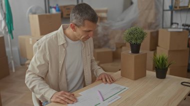 Yeni evinde sırtı ağrıyan bir adam oturma odasındaki kutularla çevrili, masa başında oturmuş, masa başında bitkilerle evrakları gözden geçiriyor, aile içi taşınma anlarını yakalıyor..