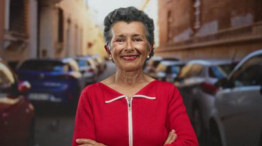 Gri saçlı ve kırmızı elbiseli yaşlı bir kadın arabalarla dolu kalabalık bir şehir sokağında gülümsüyor, hayat dolu bir kasabada kollarını kavuşturarak güven saçıyor..