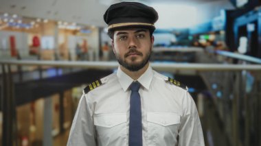 Sakallı, üniformalı ve şapkalı bir pilot arka planda bulanık dükkanlar ve otoriteyi somutlaştıran hareketli bir alışveriş merkezinde güvenli bir şekilde duruyor..