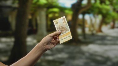 Şehir caddesinde Norveç kronu tutan adam canlı şehir ortamında ekonomik faaliyet sergiliyor..