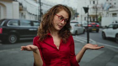 Kırmızı saçlı ve gözlüklü bir kadın Londra 'nın işlek bir caddesinde duruyor. Trafiğin ortasında düşünceli bir ifadeyle elini uzatıyor..