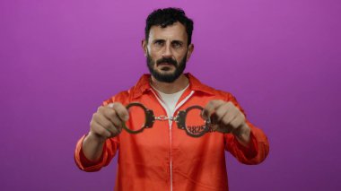 Hapishane tulumlu İspanyol sakallı bir adam canlı pembe bir arka plana kelepçe takıyor, hapsetme ve tefekküre dair güçlü bir görüntü aktarıyor..