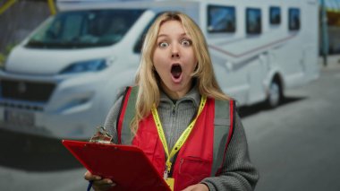 Şehir caddesinde beyaz minibüsün yanında elinde pano tutan gönüllü yelek giyen bir kadın sürpriz ifade sergiliyor..