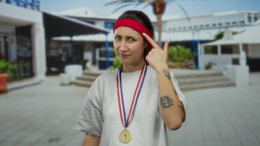 Madalya takan ve kırmızı saç bandı takan bir kadın, şehir sokaklarında şaşkın bir ifadeyle, şehir yaşamını yansıtıyor..