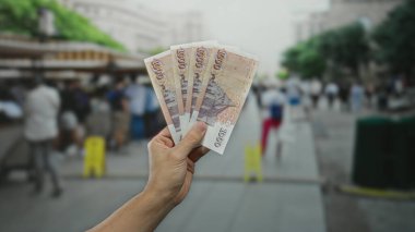 Adam açık pazar ortamında İzlanda krona banknotları tutuyor, kalabalık bir sokak sahnesinin ortasında beyaz bir eli vurguluyor..
