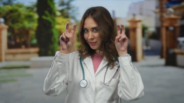 Steteskoplu İspanyol kadın doktor şehir sokaklarında güvenle gülümsüyor..