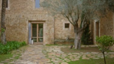 Ön planda ağaçlar ve yeşillik olan kırsal bir açık hava manzaralı, eski bir Akdeniz taş evinin bulanık görüntüsü..