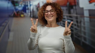 Orta yaşlı, gözlüklü bir kadın, canlı bir deniz kenarı arka planına sahip bir teknede barış işareti yapıyor, rahat bir hava sergiliyor..