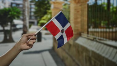Canlı şehir sokak ortamında Dominik Cumhuriyeti bayrağını tutan, güneşli bir günü yerel kültürle yakalayan.