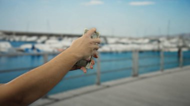 Adam deniz kıyısında Amerikan dolarlarını elinde tutuyor. Uzakta görünen tekneler açık deniz finans kavramını gözler önüne seriyor..