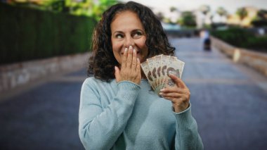 Orta yaşlı bir kadın elinde Meksika pezosu ile şehir caddesinde sürpriz bir ifadeyle geziyor..