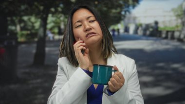 Woman feeling discomfort on city street holding mug, suggesting a toothache or dental issue.