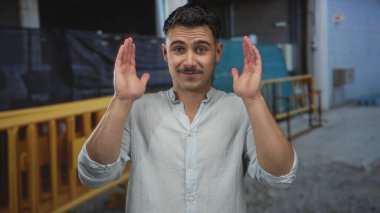 Bir inşaat alanında gülümseyen İspanyol genç adam, elleri şakacı bir şekilde kaldırılmış, arka planda inşaat engelleri olan açık renk bir gömlek giymiş..