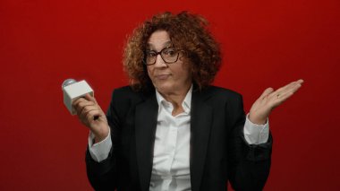 Elinde mikrofon olan esmer kadın muhabir, bir röportaj sırasında güvenli bir şekilde el kol hareketi yaparak izole edilmiş kırmızı bir arkaplan karşısında duruyor..