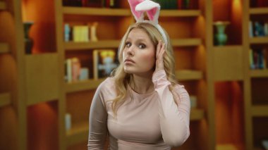 Kitaplıklarla çevrili bir kütüphanede komik bir şekilde duran tavşan kulaklı kadın, neşeli bir ifadeyi açık yüreklilikle ifade ediyor..