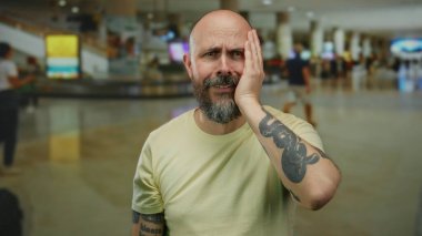 Sakallı kel adam, arka planda gezginler ve bavullarla çevrili yoğun havaalanında endişeli görünüyor.