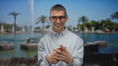 Güneşli bir parkta, fıskiyeleri ve palmiyeleri olan, mali başarıyı ve açık havada mutluluğu temsil eden, İsrail şekeli banknotları tutan bir adam..