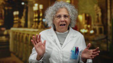 Beyaz önlüklü yaşlı bir kadın güzel aydınlatılmış bir kilisenin içinde gülümsüyor. Süslü bir dekor ve sıcak bir aydınlatma huzur ve bilgeliği yansıtıyor..