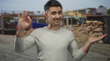 İnşaat alanındaki genç İspanyol adam elleriyle iyi bir jest yapıyor ve makinelerin arasında güvenle gülümsüyor..