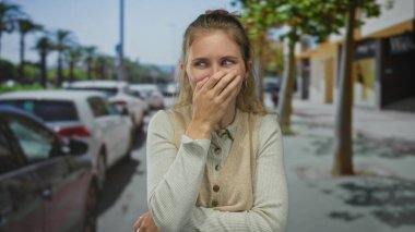Sokakta, sarışın, genç, açık hava arabalarının yanında gülmek için ağzını kapatan bir kadın..