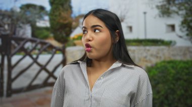 Genç İspanyol bir kadın, güneşli bir günde yeşil bir bahçede komik bir yüz ifadesi takınıyor ve ağaçlar onu kuşatmış..