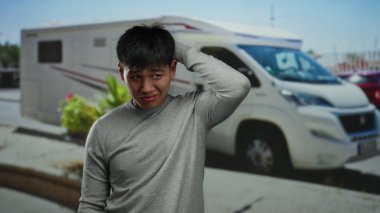 Park etmiş karavanın önündeki genç adam, parlak güneşli gökyüzünün altında kafasını kaşıyarak kafa karışıklığını ifade ediyor..