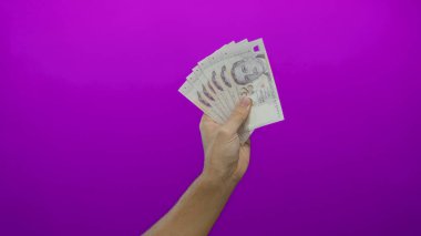 Beyaz adamın eli Singapur banknotlarını canlı pembe bir arka plana karşı tutuyor. Parasal bolluk ve para değişimi temalarını canlı ve izole bir sahnede sergiliyor..