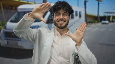 Sakallı, gözlüklü, beyaz ceketli, elleri dışarıda, araçların ve palmiye ağaçlarının bulanık arka planında gezen genç bir adam..