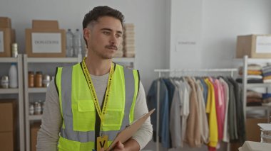 Yansıtıcı yelek giyen genç adam, iç mekan ortamındaki gönüllü çalışmalarını gösteren giysi ve kutularla çevrili bağış merkezinde bir pano tutuyor..