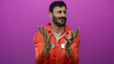 Turuncu hapishane tulumlu İspanyol sakallı adam elleri kelepçeli pembe arka plan, hapsetme ve adalet temalarına karşı jest yapıyor..