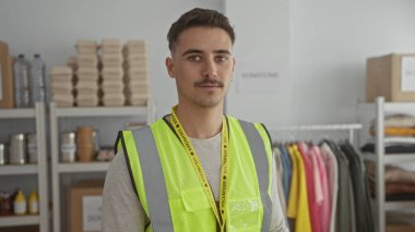 Yansıtıcı yelek giyen genç adam bir hayır kurumunda gönüllü olarak çalışıyor. Etrafı organize raf ve kıyafetlerle çevrili. Toplum hizmeti ve cömertlikle dolu..